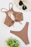 Coffee Sexy Solid Bandage Hollowed Out Backless Swimwears (With Paddings)