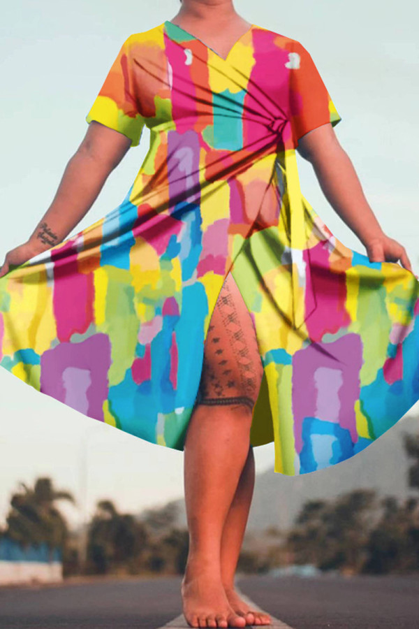 Yellow Casual Print Frenulum V Neck Short Sleeve Dress