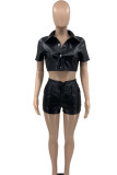 Red Casual Street Solid Patchwork Buckle Turndown Collar Short Sleeve Two Pieces