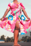 Pink Casual Print Frenulum V Neck Short Sleeve Dress