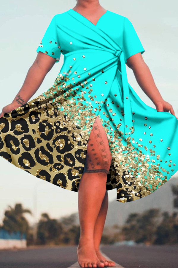 Cyan Casual Print Frenulum V Neck Short Sleeve Dress