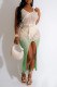 Green Sexy Gradual Change Print Hollowed Out Patchwork Frenulum Slit Swimwears Cover Up