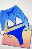 Blue Sexy Gradual Change Solid Bandage Backless Swimsuit Three Piece Set (With Paddings)