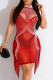Red Sexy Patchwork Hot Drilling Tassel Hollowed Out See-through Turtleneck Sleeveless Dress Dresses