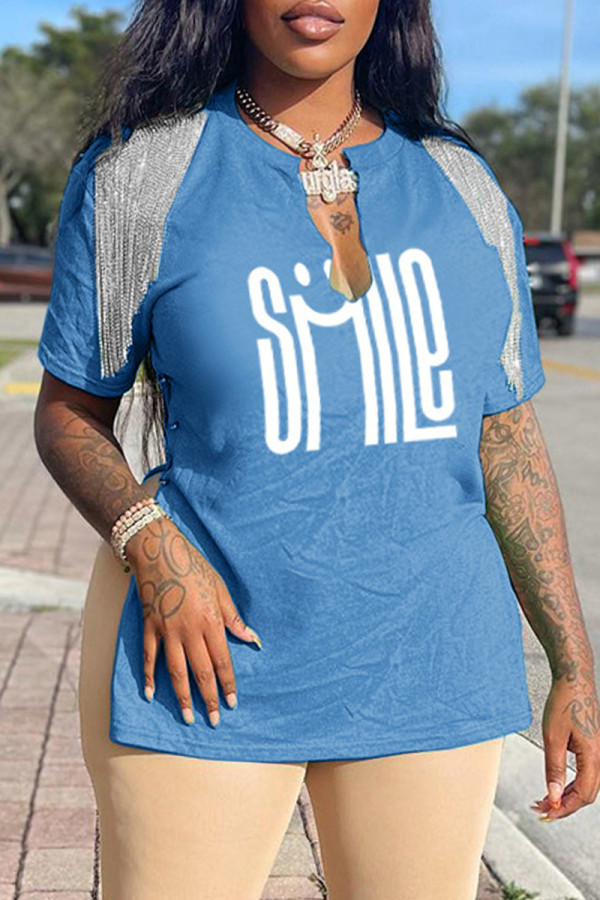 Blue Casual Print Tassel Patchwork V Neck T-Shirts