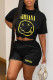 Black Casual Street Print Patchwork O Neck Short Sleeve Two Pieces