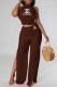 Coffee Sexy Street Print Bandage Backless Halter Sleeveless Two Pieces