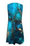 Blue Casual Print Hollowed Out O Neck Vest Dress Dresses