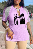 Pink Casual Print Tassel Patchwork V Neck T-Shirts