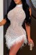 White Sexy Patchwork Hot Drilling See-through Feathers Half A Turtleneck Irregular Dress Dresses