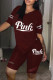 Burgundy Casual Letter Print Basic V Neck Short Sleeve Two Pieces