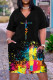 Black Casual Print Patchwork V Neck Short Sleeve Dress