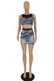 Blue Sexy Casual Print Patchwork O Neck Sleeveless Two Pieces