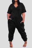 Red Casual Solid Patchwork Pocket V Neck Loose Jumpsuits