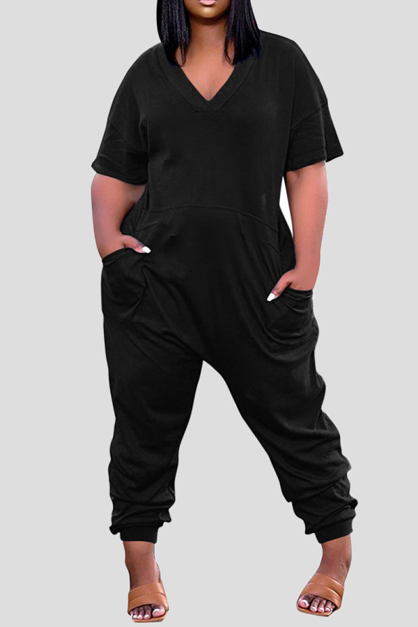 Black Casual Solid Patchwork Pocket V Neck Loose Jumpsuits