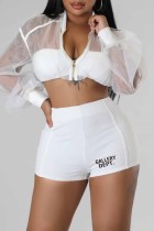 White Sexy Letter Print Patchwork See-through Zipper Collar Long Sleeve Two Pieces