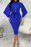 Blue Casual Elegant Solid Patchwork Slit Turndown Collar One Step Skirt Dresses