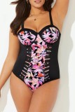 Multicolor Sexy Print Patchwork Backless Spaghetti Strap Plus Size Swimwear (With Paddings)