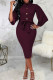 Burgundy Casual Elegant Solid Patchwork Slit Turndown Collar One Step Skirt Dresses