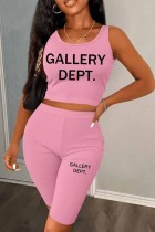 Pink Casual Print Letter U Neck Sleeveless Two Pieces