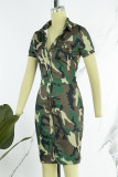 Green Casual Camouflage Print Patchwork Turndown Collar Short Sleeve Dress