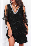 Black Casual Solid Bandage Sequins Patchwork V Neck Straight Dresses