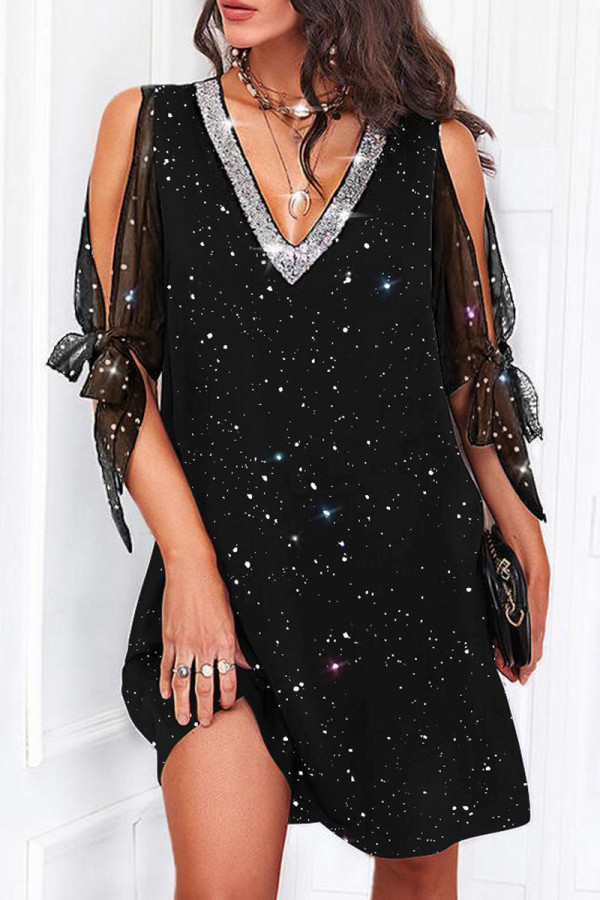 Black Casual Solid Bandage Sequins Patchwork V Neck Straight Dresses