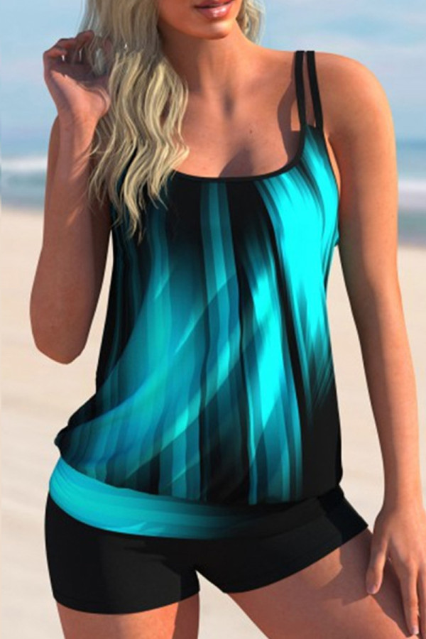 Blue Sexy Print Backless Swimwears (With Paddings)