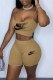 Khaki Casual Street Print Letter Spaghetti Strap Sleeveless Two Pieces