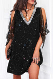 Black Casual Solid Bandage Sequins Patchwork V Neck Straight Dresses
