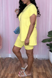 Light Yellow Casual Solid Basic O Neck Short Sleeve Two Pieces