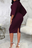 Blue Casual Elegant Solid Patchwork Slit Turndown Collar One Step Skirt Dresses