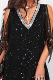 Black Casual Solid Bandage Sequins Patchwork V Neck Straight Dresses