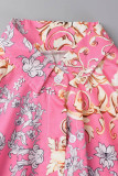 Red Casual Print Patchwork Buckle Turndown Collar Shirt Dress Dresses