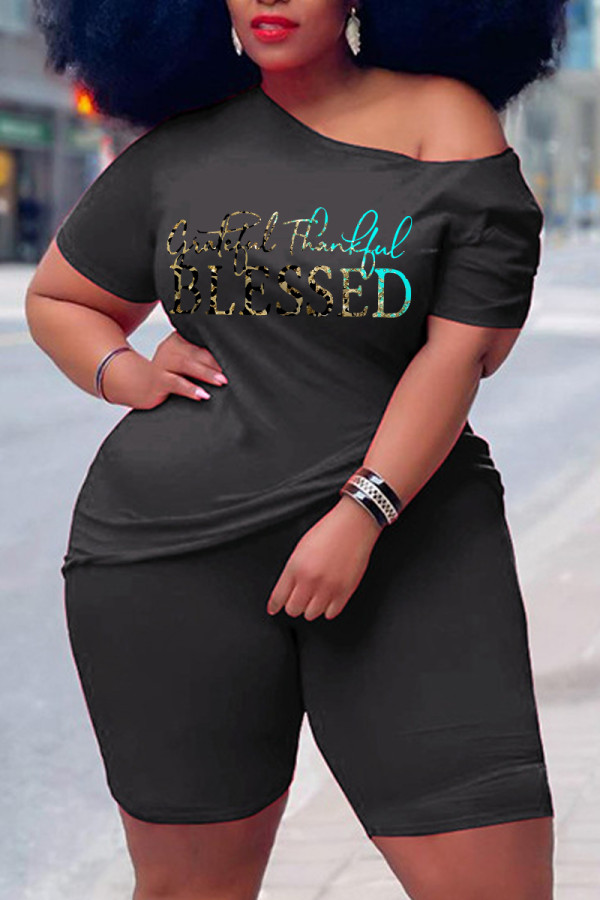 Black Gold Casual Print Basic Oblique Collar Short Sleeve Two Pieces