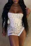 White Sexy Print Backless Slit Strapless Sleeveless Dress Dresses