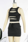 Red Sexy Solid Hollowed Out Patchwork O Neck Sleeveless Two Pieces