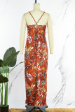 Brown Sexy Print Patchwork Slit Halter Printed Dress Dresses