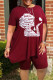 Burgundy Casual Street Print Patchwork O Neck Plus Size Two Pieces