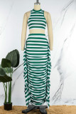 Red Casual Striped Print Patchwork Flounce O Neck Sleeveless Two Pieces