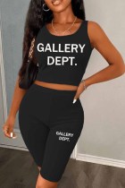 Black Casual Print Letter U Neck Sleeveless Two Pieces
