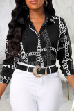 Black Casual Print Patchwork Buckle Turndown Collar Tops