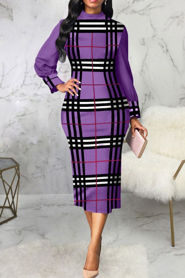 Purple Casual Elegant Print Patchwork O Neck One Step Skirt Dresses