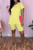 Light Yellow Casual Solid Basic O Neck Short Sleeve Two Pieces
