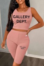 Light Pink Casual Print Letter U Neck Sleeveless Two Pieces