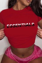 Red Casual Print Letter O Neck T-Shirts