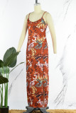 Brown Sexy Print Patchwork Slit Halter Printed Dress Dresses