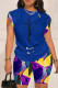 Dark Blue Casual Street Print Patchwork O Neck Short Sleeve Two Pieces