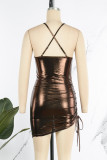 Brownness Sexy Solid Draw String Frenulum Backless Spaghetti Strap Sleeveless Dress Dresses