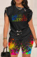 Black Casual Street Print Patchwork O Neck Short Sleeve Two Pieces